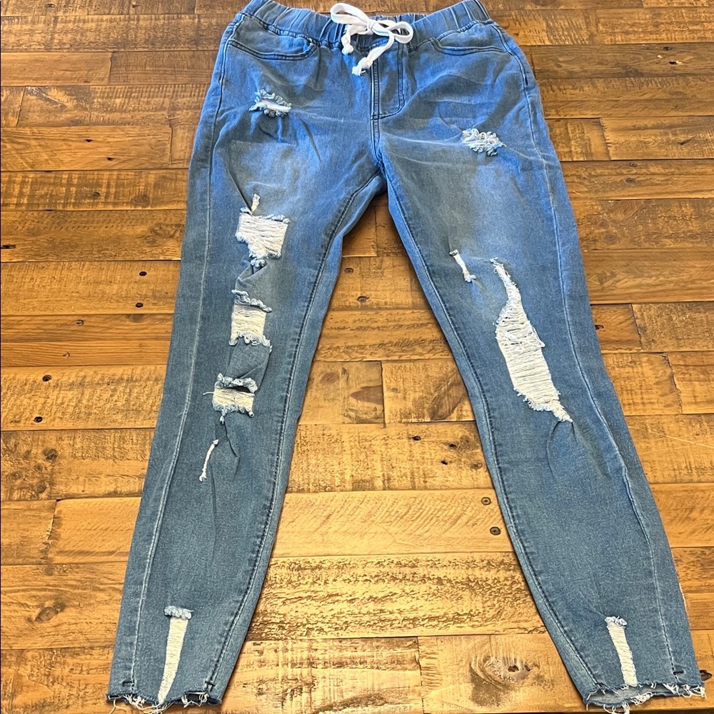 Distressed Blue Jeans with Drawstring
